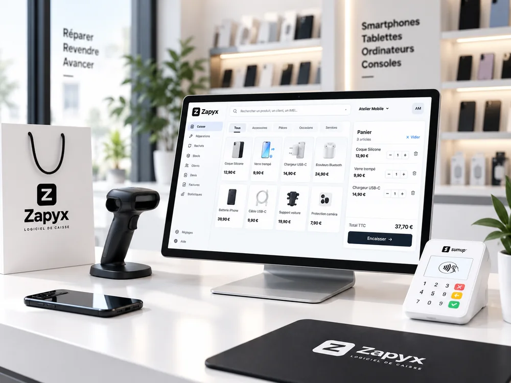 La caisse Zapyx sur l'écran d'un comptoir de boutique de réparation, panier prêt à encaisser