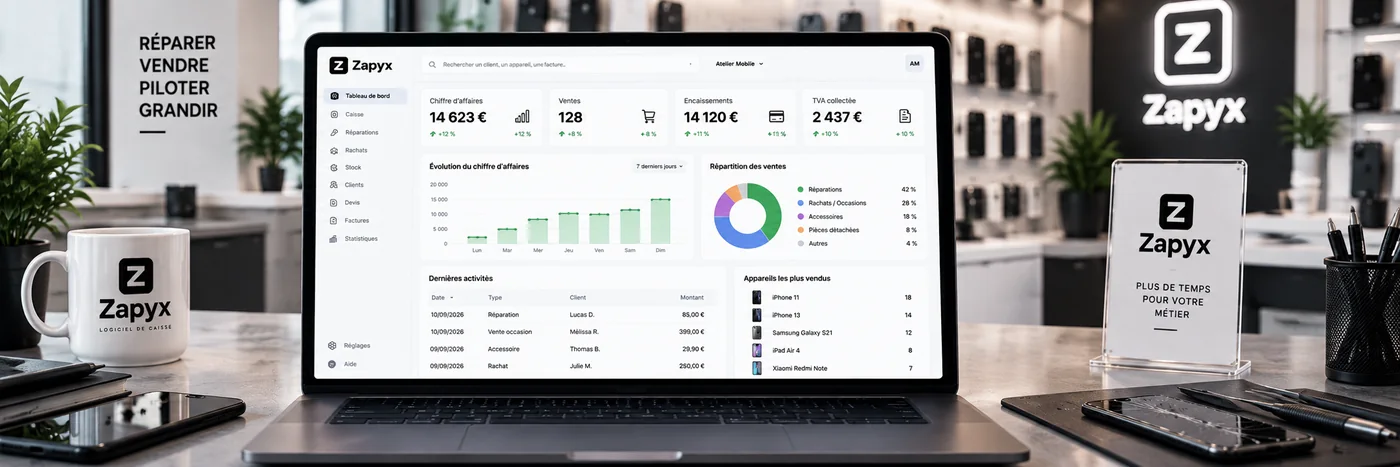 Tableau de bord Zapyx : chiffre d'affaires, ventes, encaissements et TVA sur un seul écran