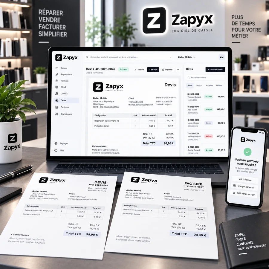 Devis dans Zapyx, facture imprimée et notification au client sur son téléphone
