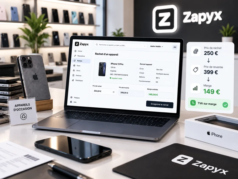 Rachat d'un iPhone dans Zapyx : prix de rachat 250 €, prix de revente 399 €, marge 149 €, TVA sur marge