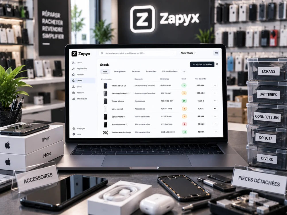 Le stock Zapyx en boutique : téléphones d'occasion, accessoires et pièces détachées avec leurs quantités